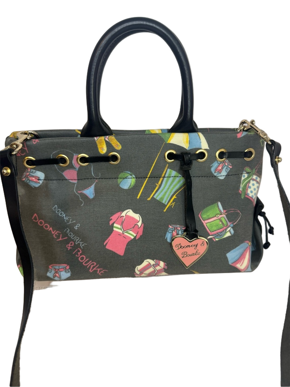#326 Dooney & Bourke Y2K Summer Beach Tassel Coated Canvas & Leather Two Way Bag